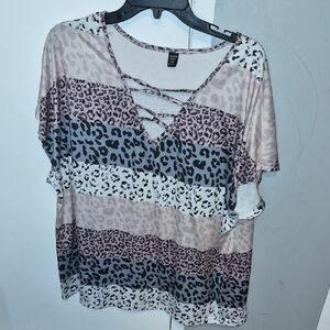SHEIN Crisscross V-Neck Leopard Stripe Top - Blush Pink, Gray, White